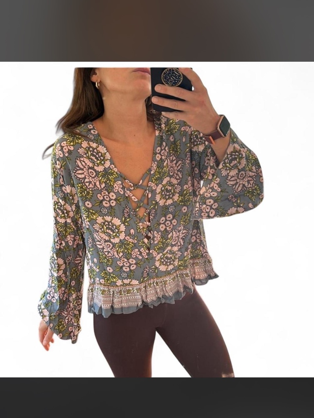 Tiare Hawaii Floral Bell Sleeve Lace Up Boho Blouse S/M Rayon